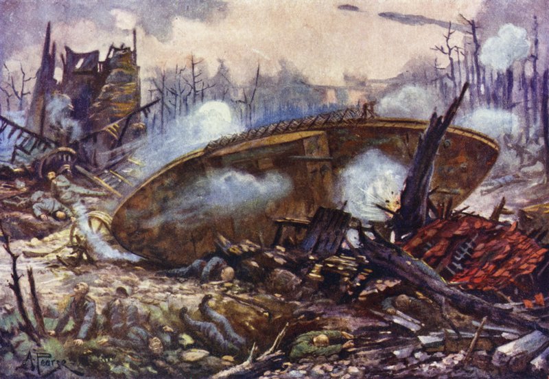 Capitano Arthur Inglis del Reggimento di Gloucester che porta avanti il suo carro armato su un terreno molto difficile dopo che una delle sue ruote è stata fatta saltare in aria, Prima Guerra Mondiale da Alfred Pearse