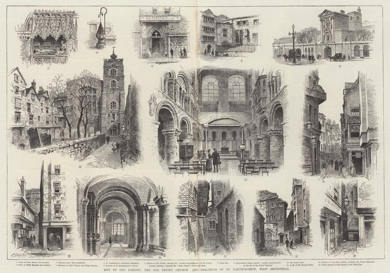 Pezzi della vecchia Londra, la vecchia chiesa priorale e i dintorni di St Bartholomew, West Smithfield da Alfred Robert Quinton