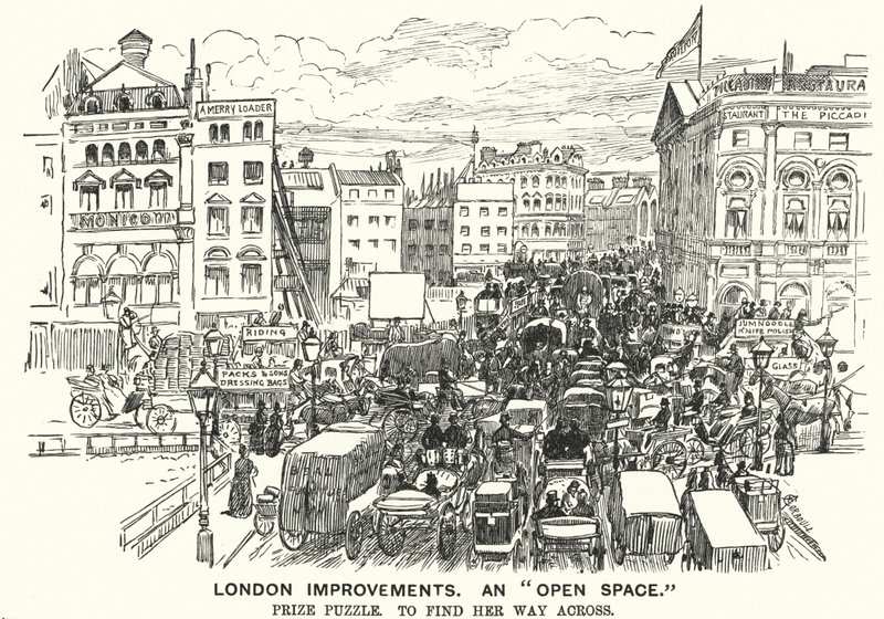 Cartone animato di Punch: Miglioramenti di Londra. Uno "Spazio Aperto" - congestione del traffico nella Londra vittoriana (incisione) da Alfred Chantrey Corbould