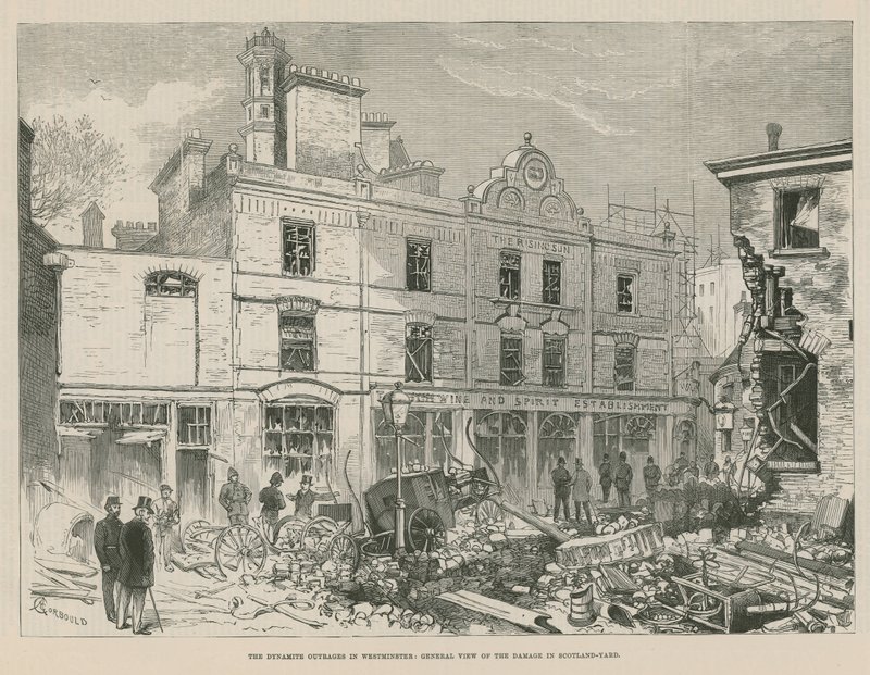 Gli attentati dinamitardi a Westminster; Vista generale dei danni a Scotland Yard da Alfred Chantrey Corbould