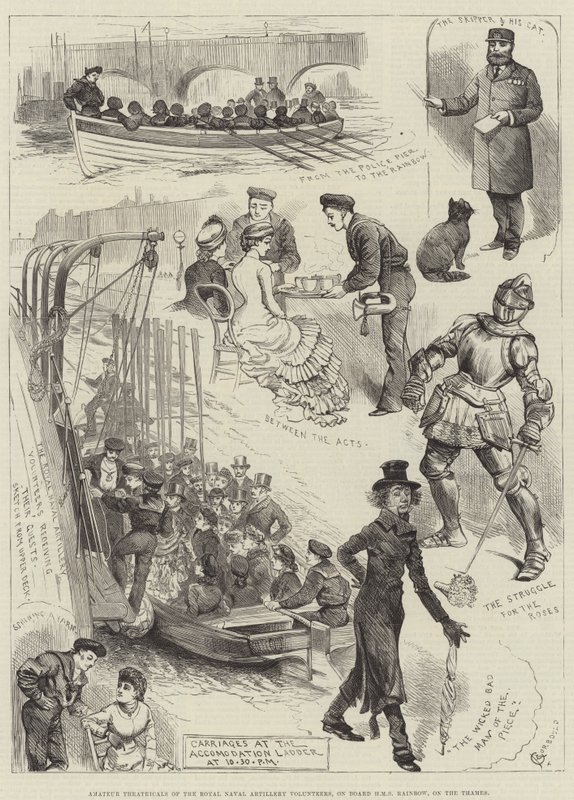 Teatrali amatoriali dei Royal Naval Artillery Volunteers, a bordo della HMS Rainbow, sul Tamigi da Alfred Courbould