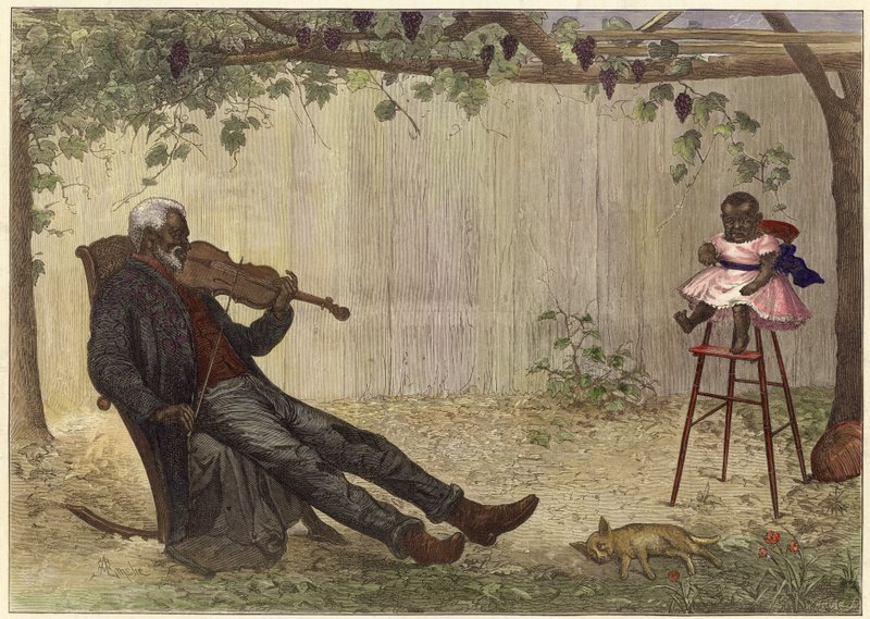 Vecchio nero che suona il violino al bambino (incisione a colori) da Alfred Edward (after) Emslie