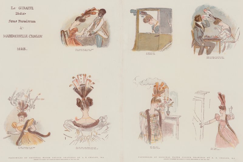 Facsimili di disegni originali ad acquerello, progettati per satirizzare la moda nelle acconciature femminili dell