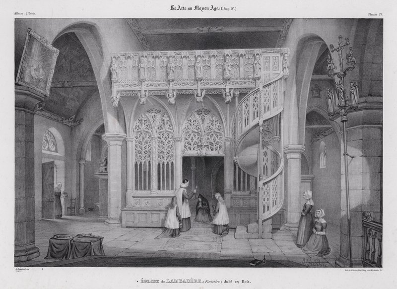 Schermo di legno scolpito della Cappella di Notre Dame de Lambader, Plouvorn, Bretagna, Francia da Alfred Guesdon