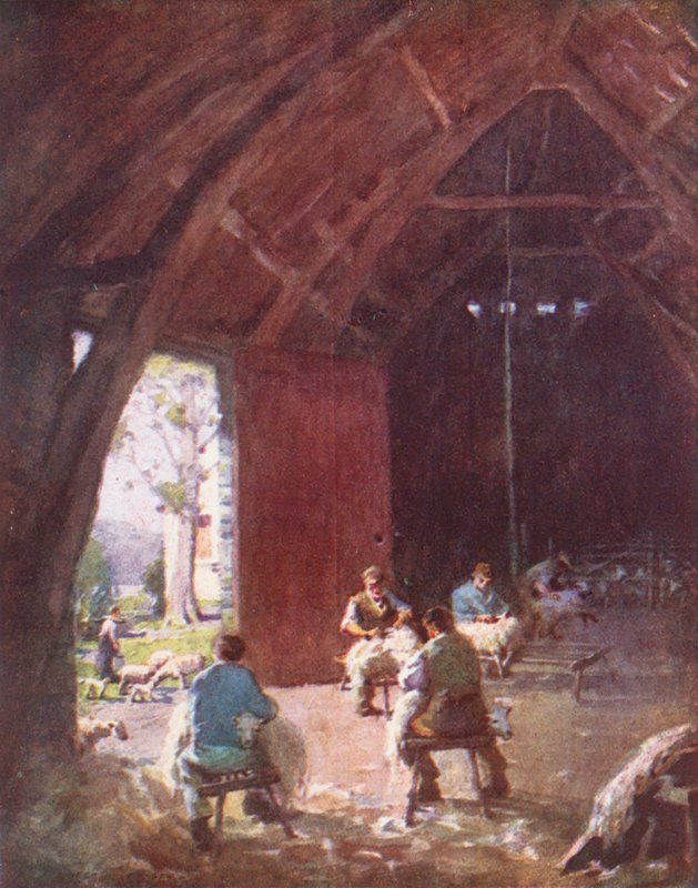 Distretto dei Laghi: Tosatura delle pecore, Esthwaite Hall Farm da Alfred Heaton Cooper