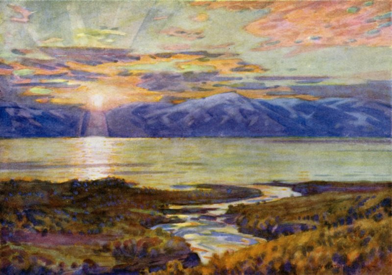Sole di mezzanotte sul lago Torne Trask, da Abisko da Alfred Heaton Cooper