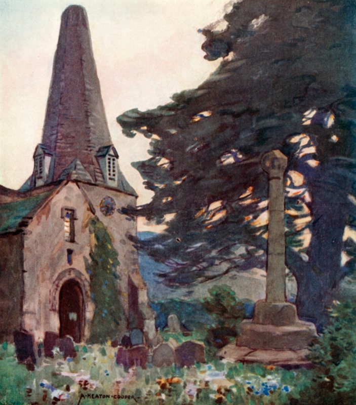 Chiesa e Croce di Porlock (litografia a colori) da Alfred Heaton Cooper