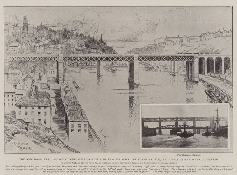 Il Nuovo Ponte ad Alto Livello a Newcastle-on-Tyne (il Più Grande dopo il Ponte di Forth), come apparirà una volta completato da Alfred Hugh Fisher