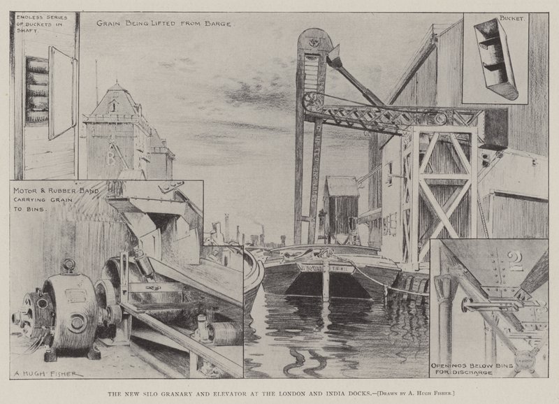 Il nuovo silo granario e ascensore ai London and India Docks da Alfred Hugh Fisher