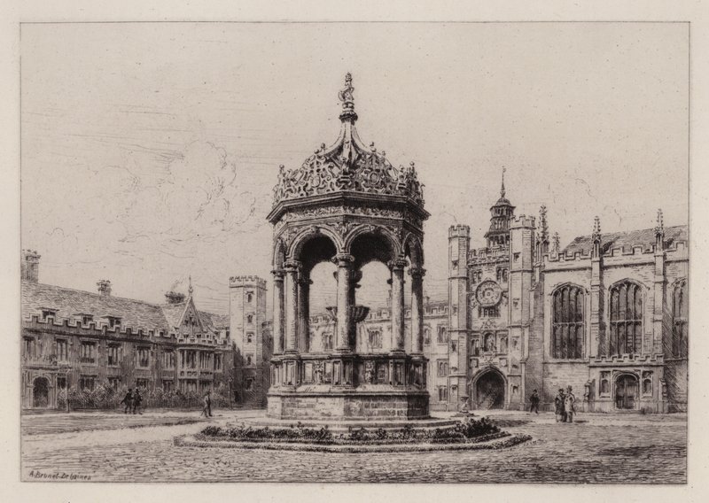 Cambridge: il grande cortile del Trinity College (acquaforte) da Alfred Louis Brunet Debaines