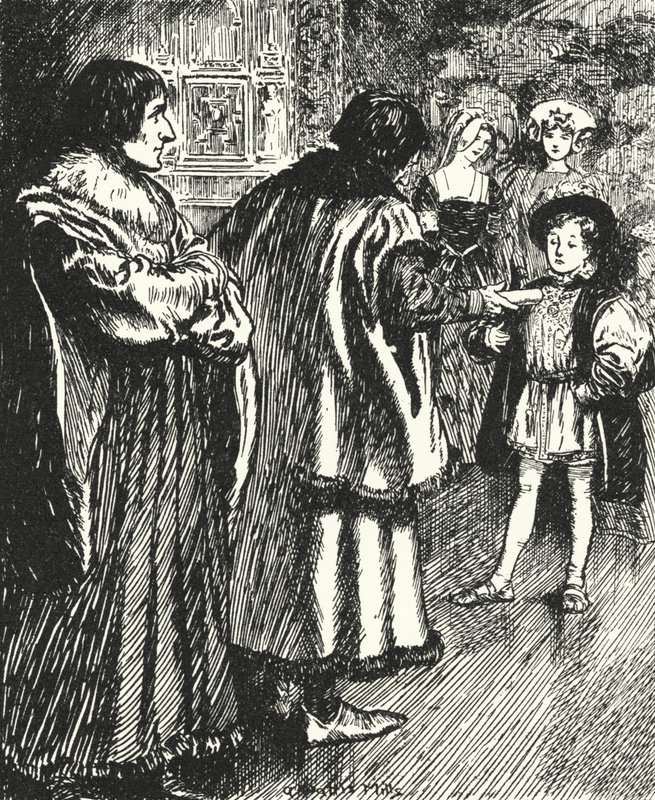 Erasmo osserva Sir Thomas More presentare una poesia che aveva scritto al giovane principe Enrico, futuro re Enrico VIII da Alfred Wallis Mills