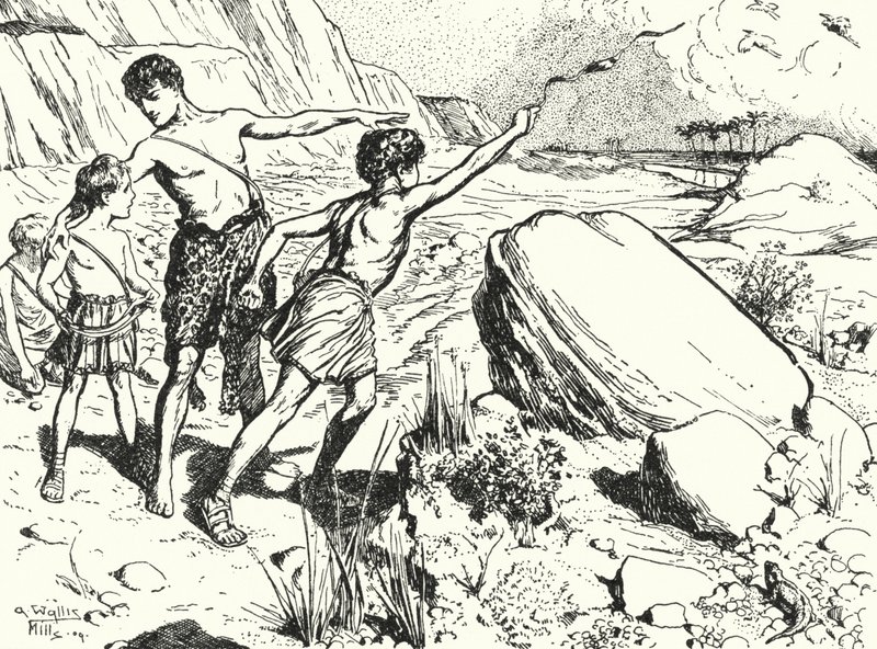 Annibale e i suoi fratelli imparano a lanciare pietre con una fionda da Alfred Wallis Mills