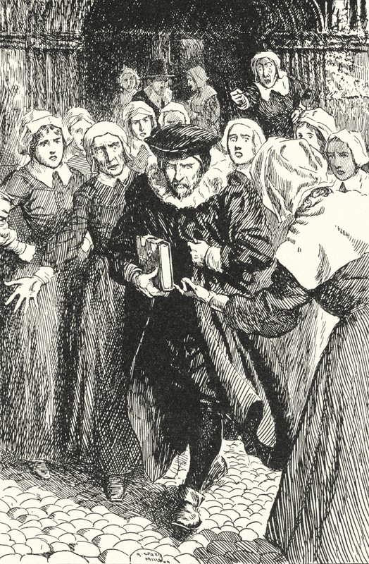 Il prete scozzese William Annand condannato dalle donne di Edimburgo per aver predicato dal nuovo libro di preghiere nella cattedrale di St Giles, 1637 da Alfred Wallis Mills