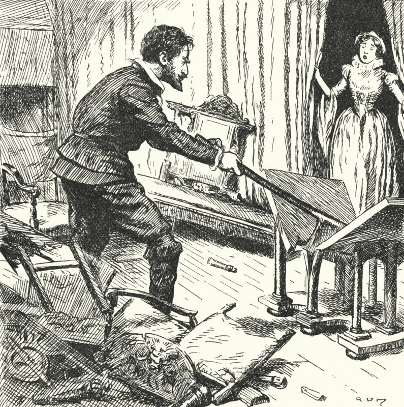 La moglie del vasaio francese Bernard Palissy guarda con orrore mentre distrugge i loro mobili per usarli come combustibile per i suoi forni da Alfred Wallis Mills