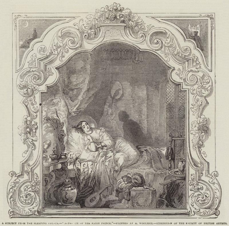 Un soggetto dal Palazzo Addormentato, Avvicinamento del Principe delle Fate, Esposizione della Società degli Artisti Britannici da Alfred Woolmer