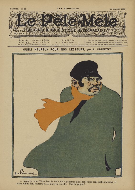 Oubli heureux pour nos lecteurs. Illustrazione per Le Pele-Mele, 1902 da Aline Clement