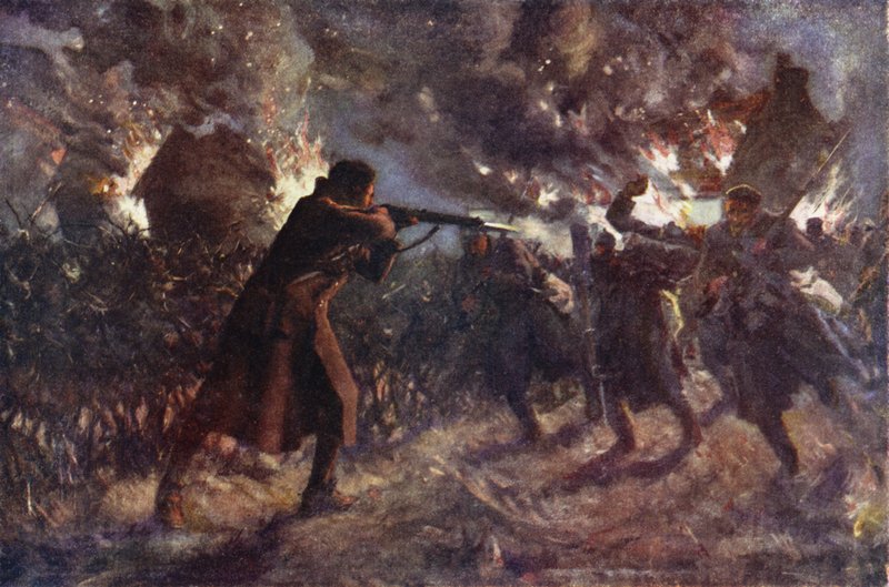 Il soldato James Meston attacca, da solo, diversi nemici che avanzavano dopo aver catturato una trincea britannica, Prima Battaglia di Ypres, 31 ottobre 1914 da Allan (after) Stewart