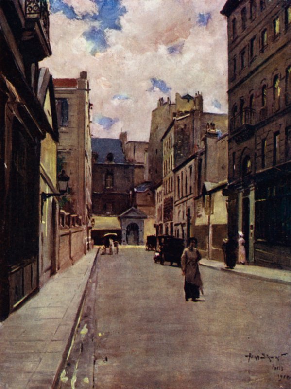 Parigi: Una strada nella vecchia Parigi, St Germain (litografia a colori) da Allan Stewart