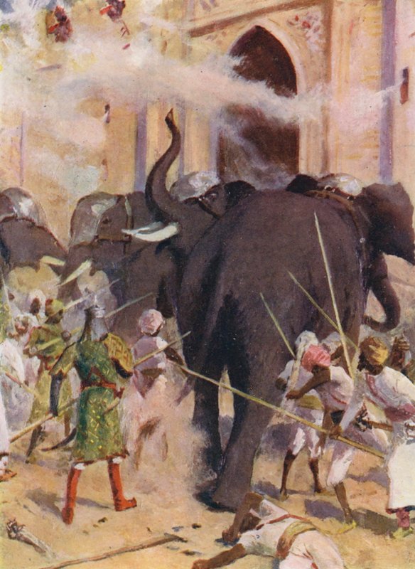 Elefanti da guerra assaltano le porte del forte di Arcot da Allan Stewart