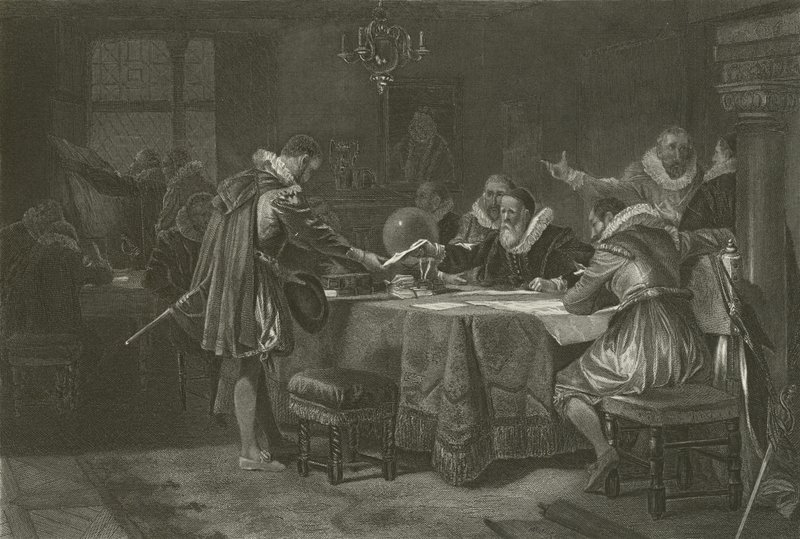 Henry Hudson riceve la sua commissione dalla Compagnia Olandese delle Indie Orientali (1609) da Alonzo Chappel
