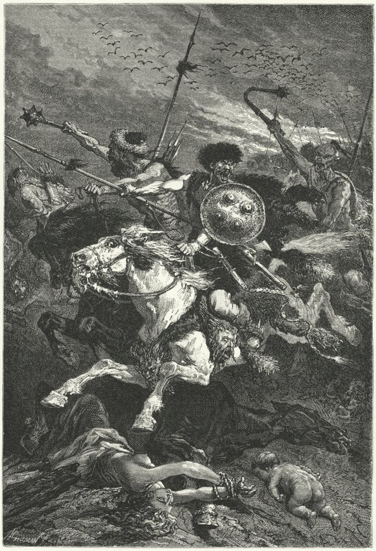 Gli Unni caricano alla Battaglia dei Campi Catalaunici, 451 (incisione) da Alphonse Marie de (after) Neuville