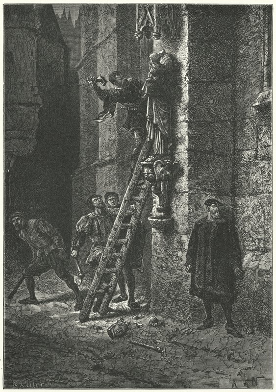 Protestanti distruggono una statua della Vergine e del Bambino a Notre Dame, Parigi da Alphonse Marie de (after) Neuville