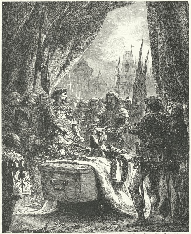 Il comandante di Chateauneuf de Randon depone le chiavi della città sulla bara di Bertrand du Guesclin da Alphonse Marie de (after) Neuville