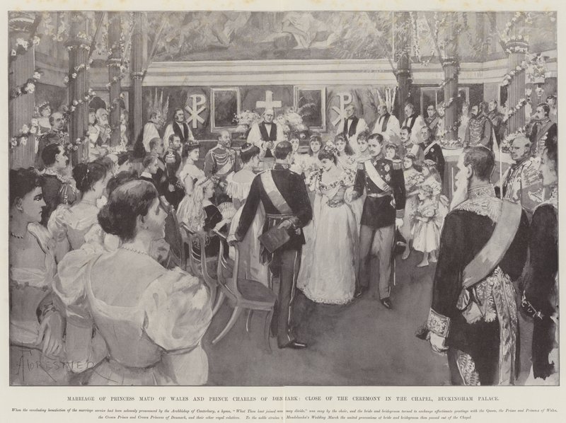 Matrimonio della Principessa Maud del Galles e del Principe Carlo di Danimarca, chiusura della cerimonia nella Cappella, Buckingham Palace da Amedee Forestier