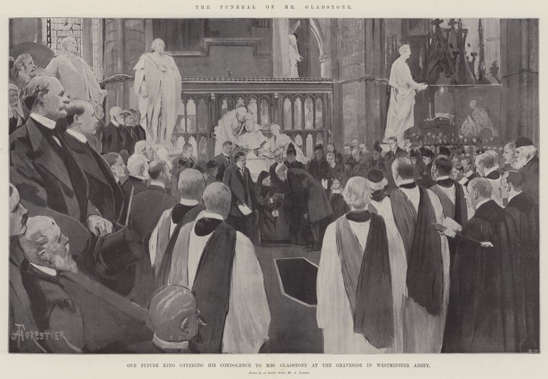 Il funerale di Mr Gladstone, il nostro futuro re offre le sue condoglianze a Mrs Gladstone presso la tomba nell