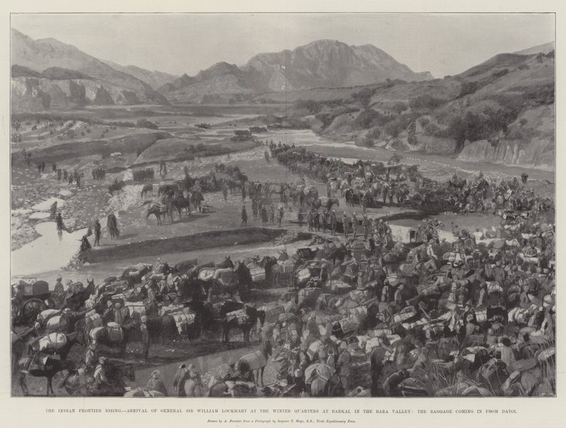 La rivolta della frontiera indiana, arrivo del generale Sir William Lockhart ai quartieri invernali a Barkai, nella valle di Bara, il bagaglio arriva da Datoi da Amedee Forestier
