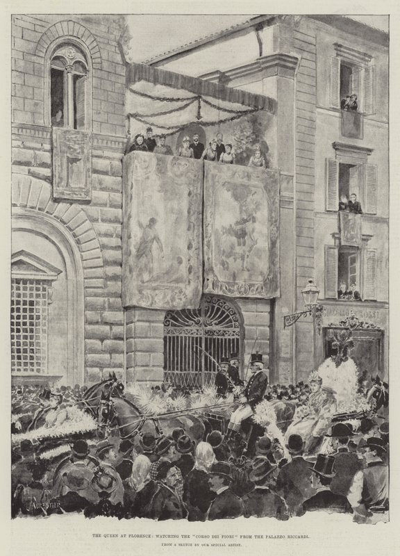 La regina a Firenze, osservando il Corso dei Fiori dal Palazzo Riccardi da Amedee Forestier