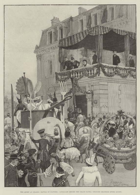 La Regina a Grasse, Battaglia dei Fiori, Cavalcata davanti al Grand Hotel, la Principessa Beatrice che dona denaro da Amedee Forestier