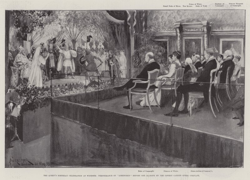 Celebrazione del compleanno della Regina a Windsor, esibizione di Lohengrin davanti a Sua Maestà dalla Covent Garden Opera Company da Amedee Forestier
