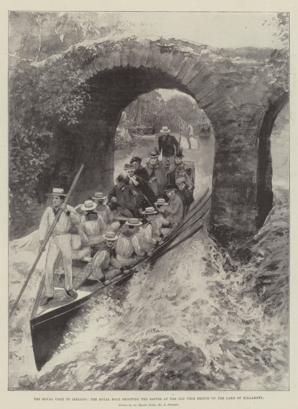 La visita reale in Irlanda, la barca reale attraversa le rapide al ponte Old Weir sul lago di Killarney da Amedee Forestier
