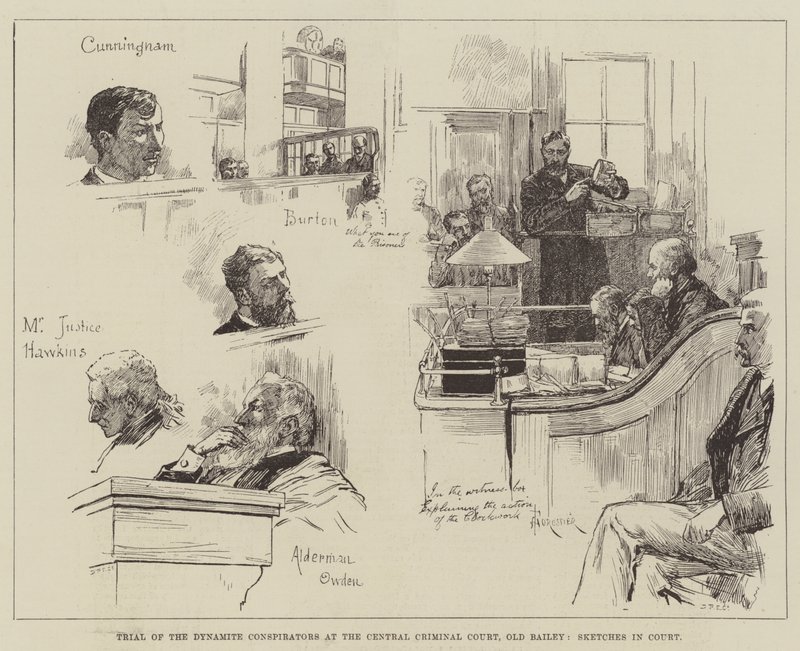 Processo dei cospiratori della dinamite alla Corte Penale Centrale, Old Bailey, schizzi in tribunale da Amedee Forestier