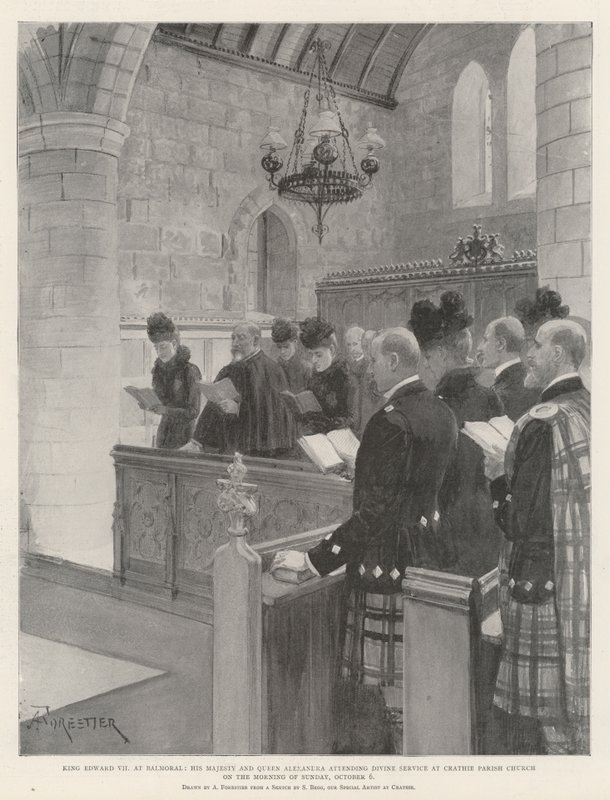 Re Edoardo VII a Balmoral, Sua Maestà e la Regina Alessandra che assistono al servizio divino nella chiesa parrocchiale di Crathie la mattina di domenica 6 ottobre da Amedee Forestier