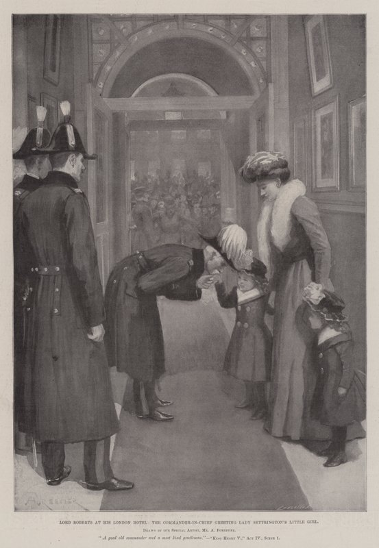 Lord Roberts nel suo hotel di Londra, il Comandante in Capo saluta la bambina di Lady Settrington da Amedee Forestier