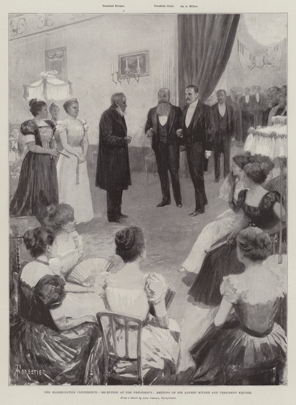 La Conferenza di Bloemfontein, ricevimento alla Presidenza, incontro di Sir Alfred Milner e del Presidente Kruger da Amedee Forestier
