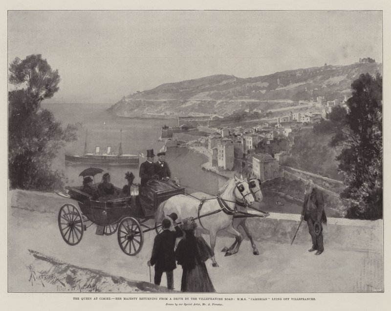 La Regina a Cimiez, Sua Maestà di ritorno da una passeggiata sulla strada di Villefranche, HMS Cambrian ancorata al largo di Villefranche da Amedee Forestier
