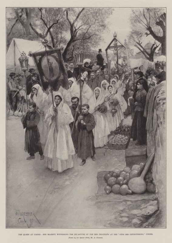La Regina a Cimiez, Sua Maestà assiste alla partenza dei Penitenti Rossi alla Fête des Cougourdons, Cimiez da Amedee Forestier