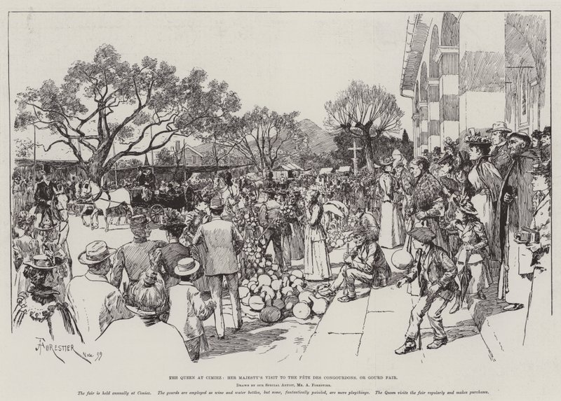 La Regina a Cimiez, Visita di Sua Maestà alla Fete des Congourdons, o Fiera delle Zucche da Amedee Forestier