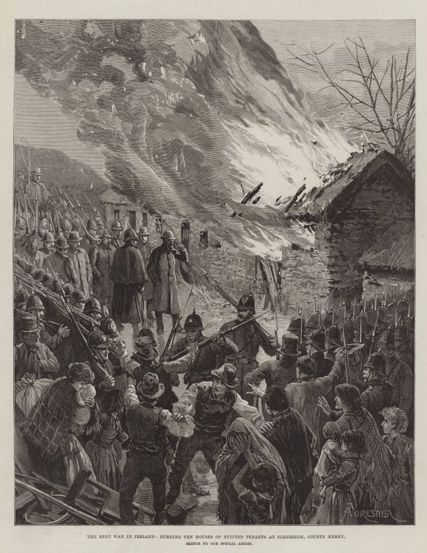 La guerra degli affitti in Irlanda, bruciando le case degli inquilini sfrattati a Glenbeigh, contea di Kerry da Amedee Forestier