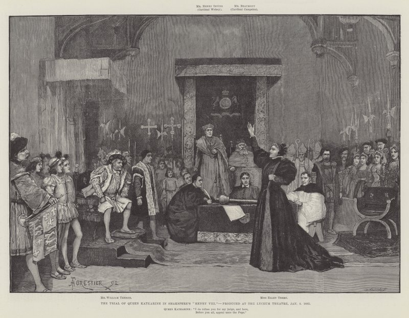 Il processo della regina Caterina in Enrico VIII di Shakespeare, prodotto al Lyceum Theatre, 5 gennaio 1892 da Amedee Forestier