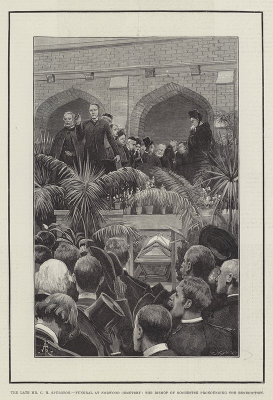 Il defunto signor C H Spurgeon, funerale al cimitero di Norwood, il vescovo di Rochester pronuncia la benedizione da Amedee Forestier