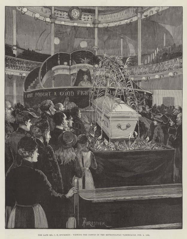 Il defunto Mr C H Spurgeon, che osserva la bara nel Metropolitan Tabernacle, 9 febbraio 1892 da Amedee Forestier