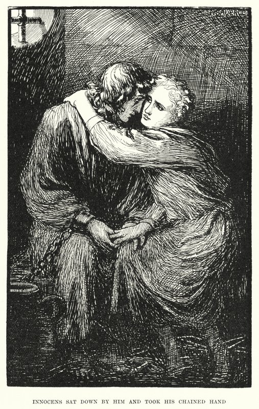 Innocens si sedette accanto a lui e prese la sua mano incatenata da Amelia M. (attr.to) Bowerley or Bauerle