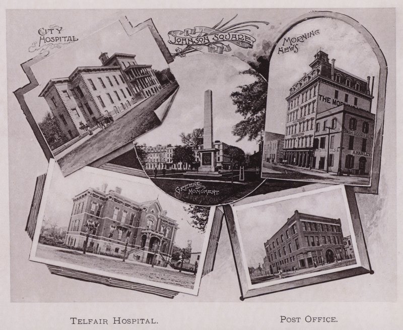 City Hospital; Johnson Square; Greene Monument; Morning News, Telfair Hospital, Post Office da American Photographer (after)
