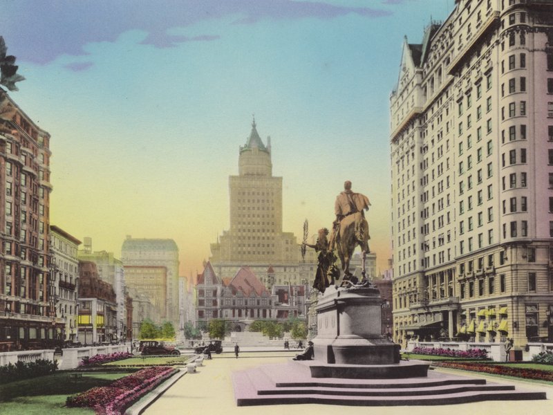 New York: Fifth Avenue e la Plaza; Heckscher Bldg; Statua di Gen Sherman; Hotel Plaza da American Photographer (after)