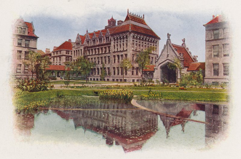 Chicago: Hull Court, da Botany Pond, Anatomy Building e Hull Gate (foto a colori) da American Photographer