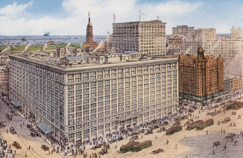 Chicago: Marshall Field and Company da State e Randolph Streets, locali di vendita al dettaglio del più grande negozio del mondo (foto a colori) da American Photographer